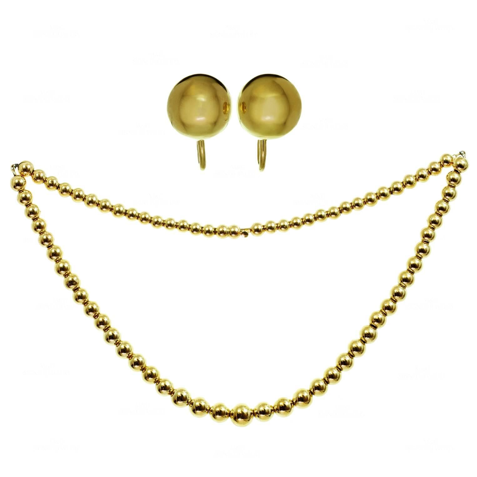 1980s Tiffany & Co. Gold Bead Necklace and Earrings Suite