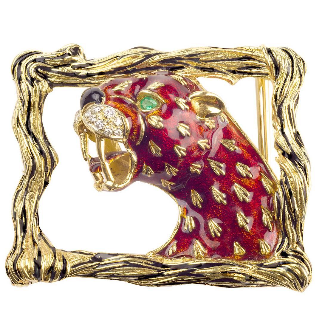 1960s Frascarolo Italy   Enamel Diamond Gold Panther Buckle