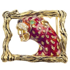 Retro 1960s Frascarolo Italy   Enamel Diamond Gold Panther Buckle
