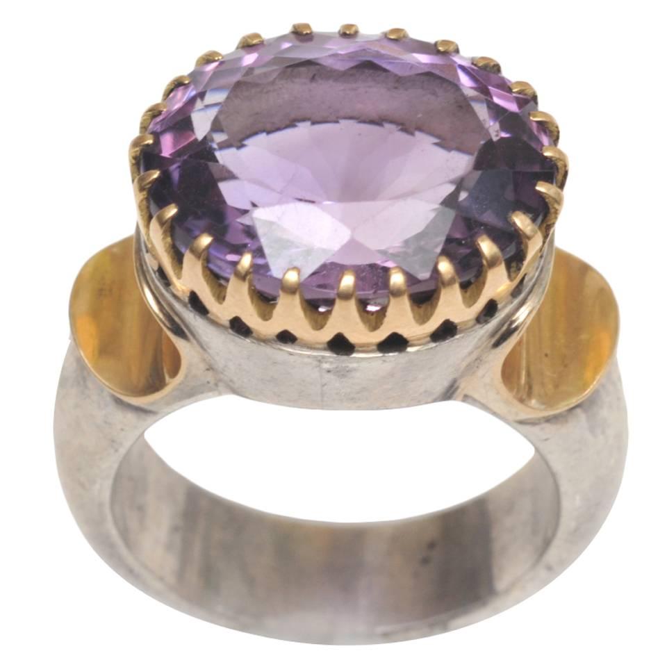 Sterling Silver and 18 Karat Gold Ring with Bezel-Set Faceted Amethyst