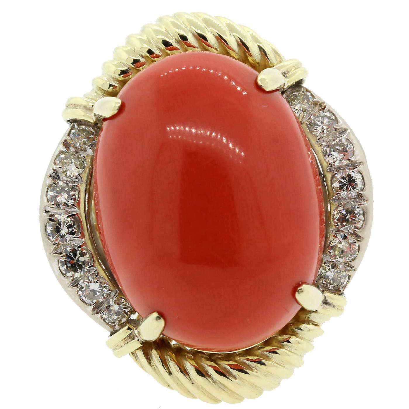 1970s Cabochon Red Coral Diamond Gold Lady's Ring 