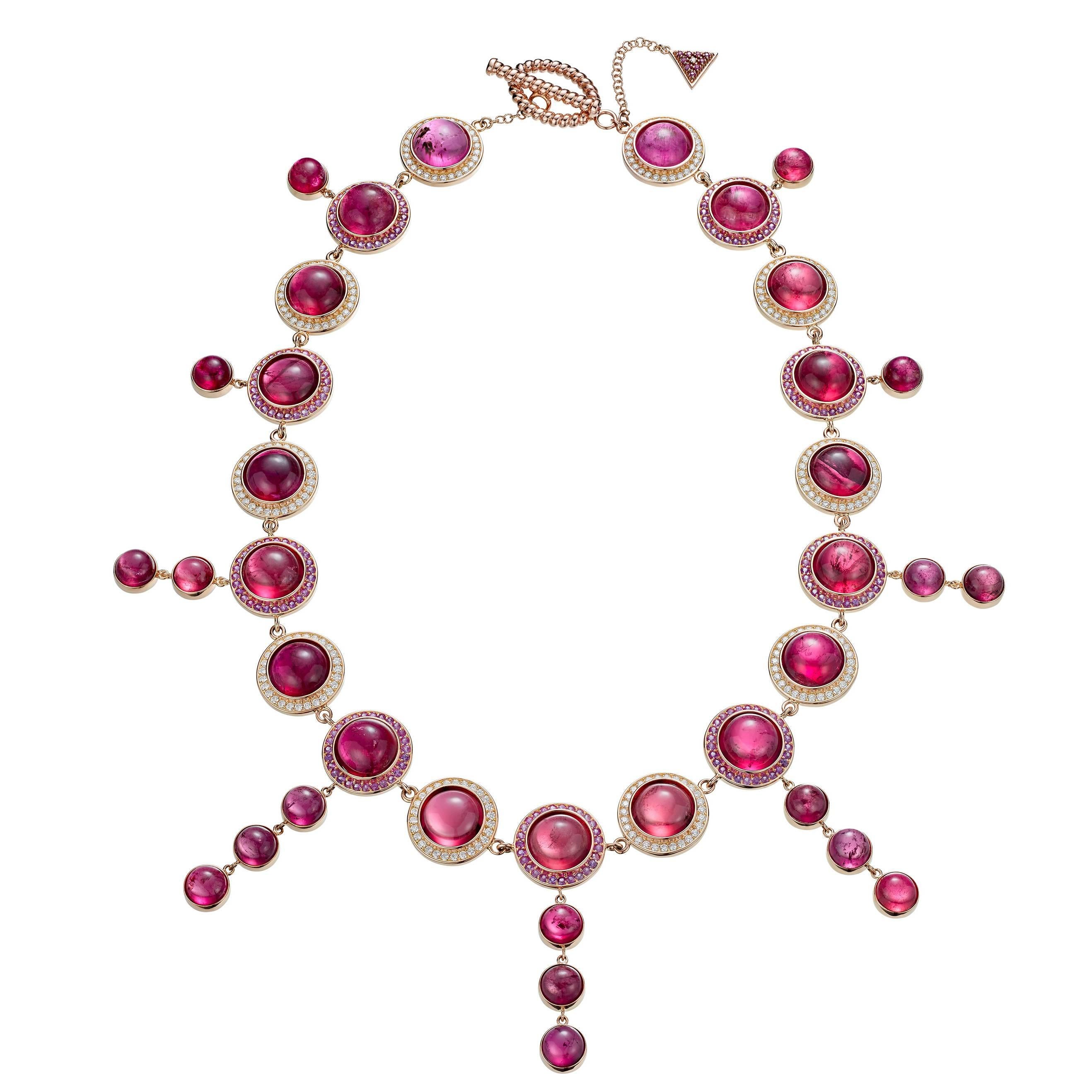 Rubelite Pink Sapphire Diamond Gold Stena Necklace For Sale