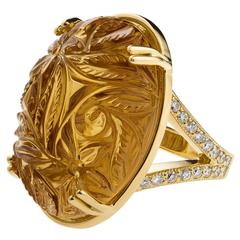 Carved Citrine Diamonds Gold Chara Ring