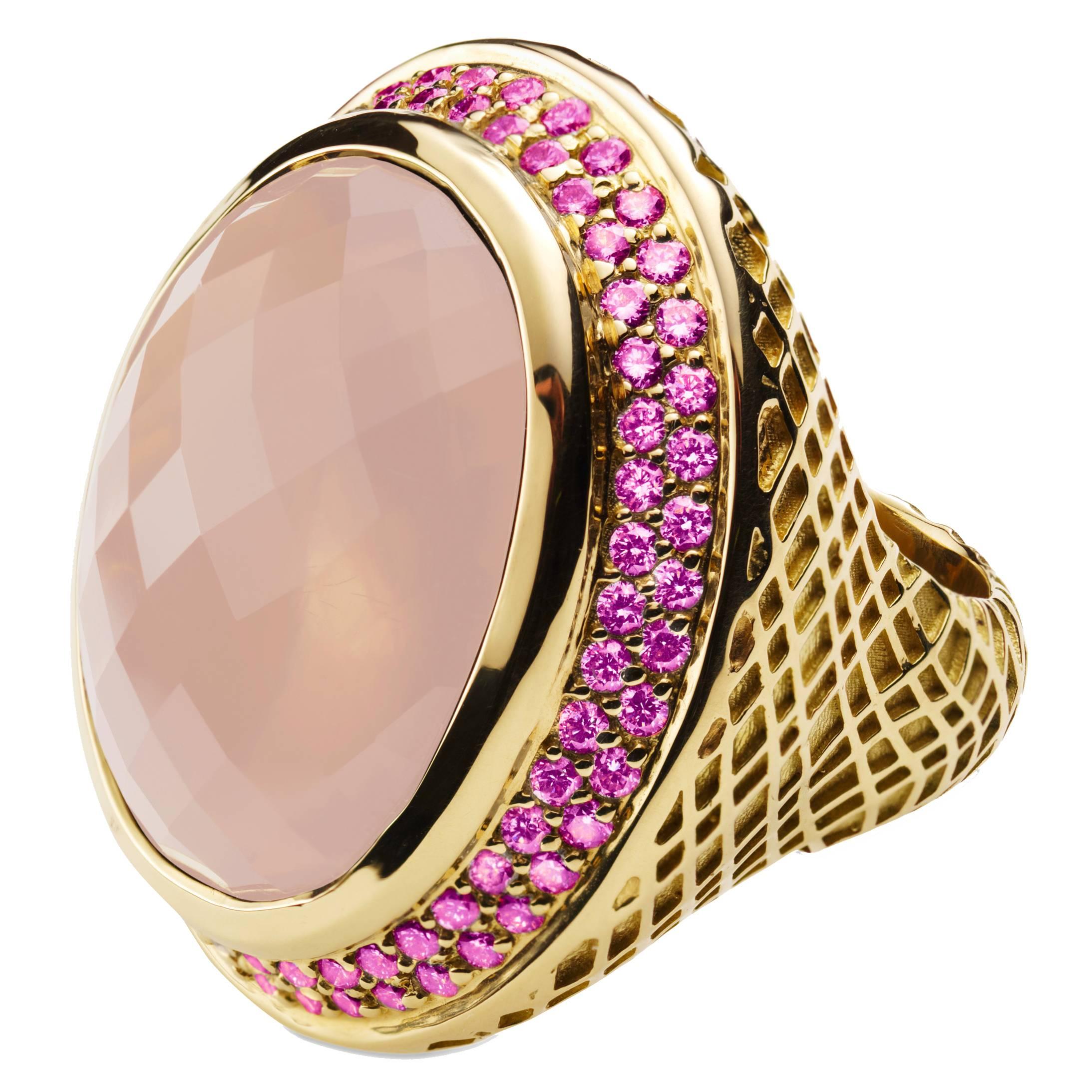 Misahara Cabochon Rose Quartz Pink Sapphire Rose Gold Zara Limited Edition Ring For Sale