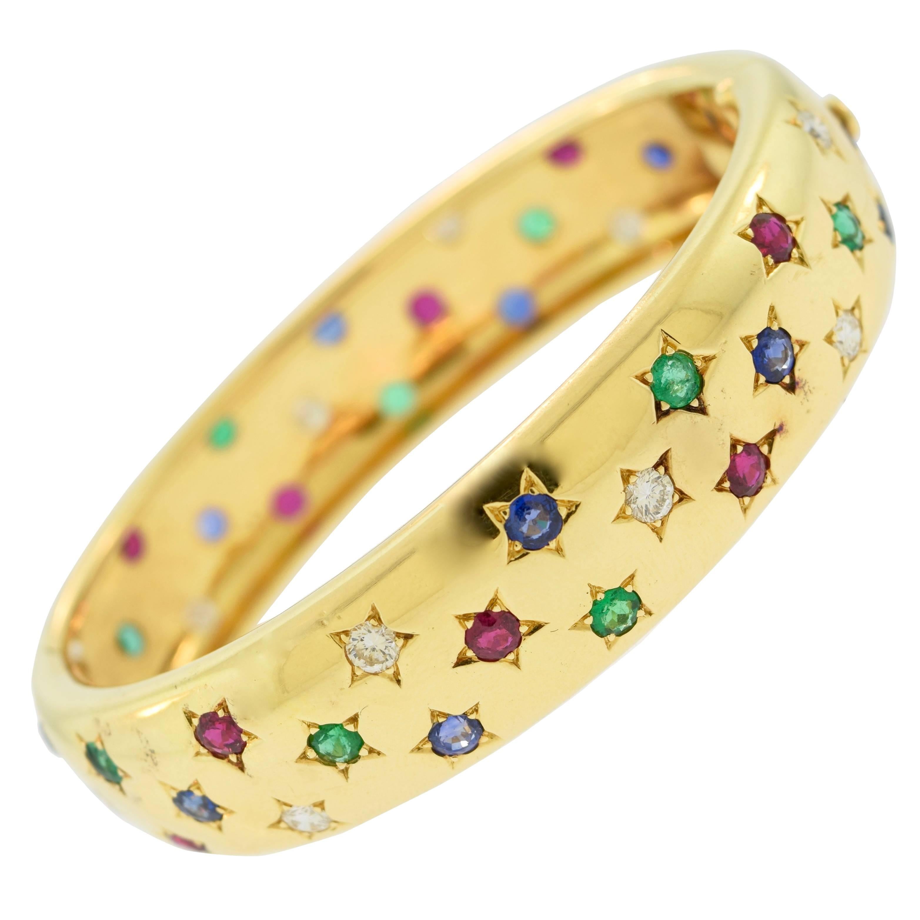 Cartier Emerald Sapphire Ruby Diamond Gold Star Setting Bangle Bracelet