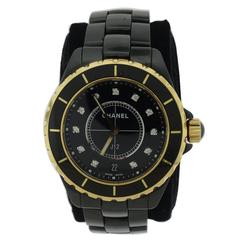 Chanel Yellow Gold Black Ceramic Diamond J12  Quartz Wristwatch 