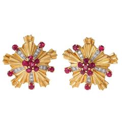 Tiffany & Co. Vintage Diamond Ruby Gold Earclips