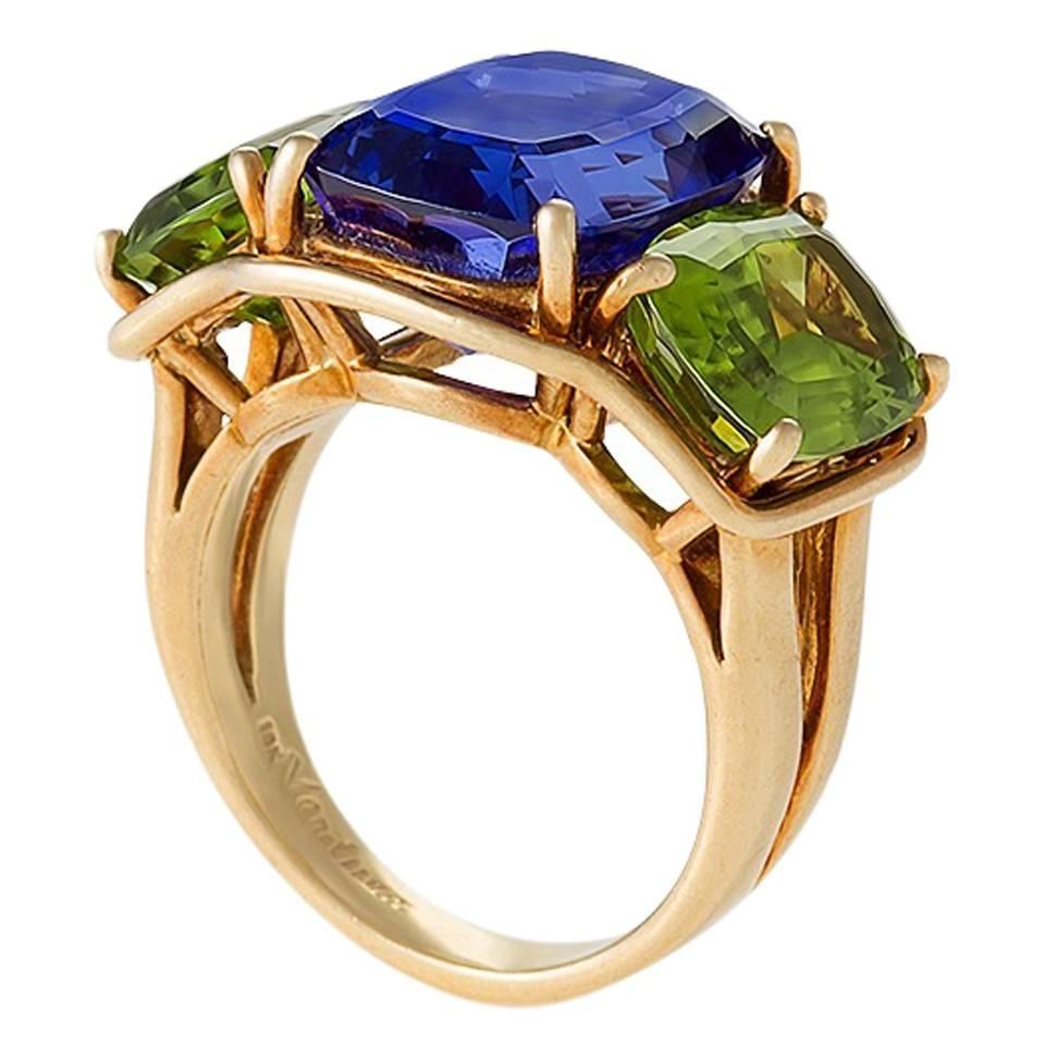 Verdura Tanzanite Peridot Gold Three Stone Ring For Sale at 1stdibs