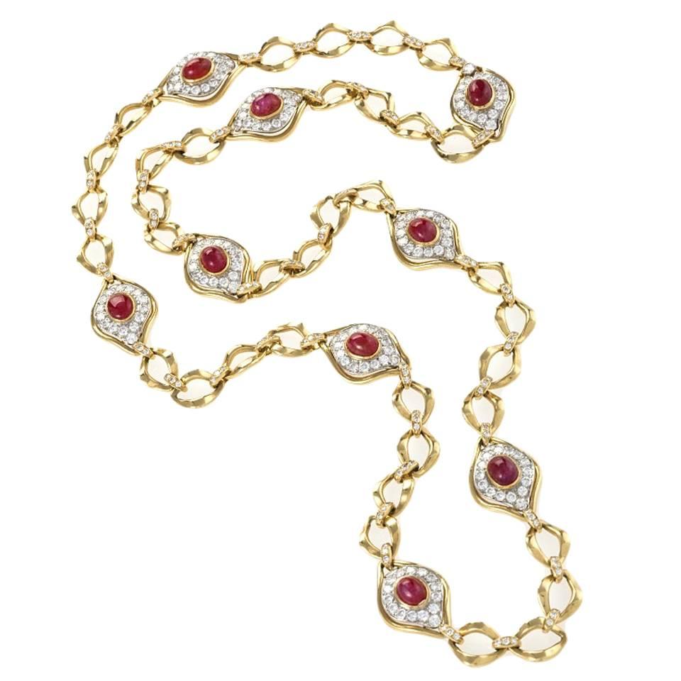 O.J.Perrin Paris 1970's Diamond, Ruby, Gold and Platinum Link Necklace