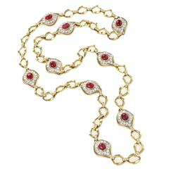 O.J.Perrin Paris 1970's Diamond, Ruby, Gold and Platinum Link Necklace
