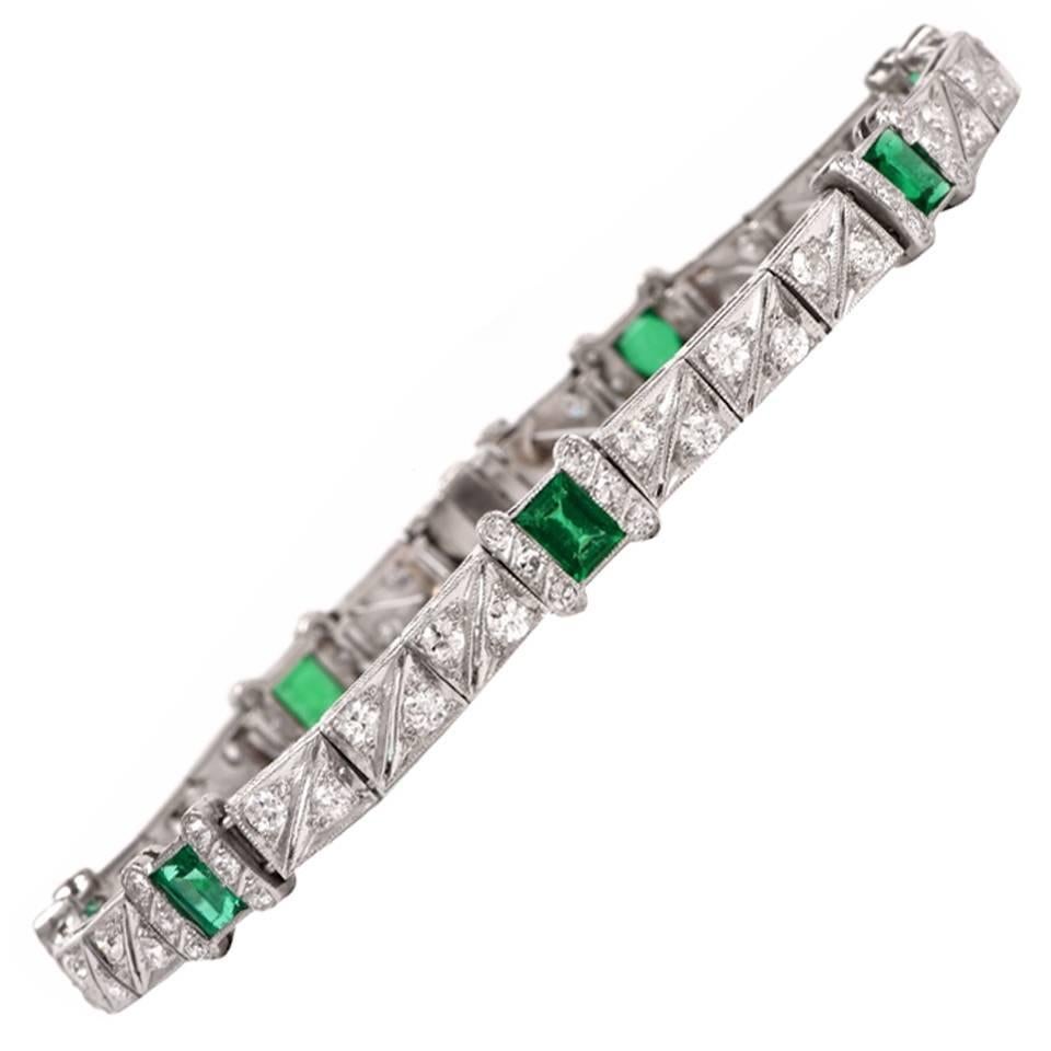 Art Deco Emerald Diamond Platinum Bracelet