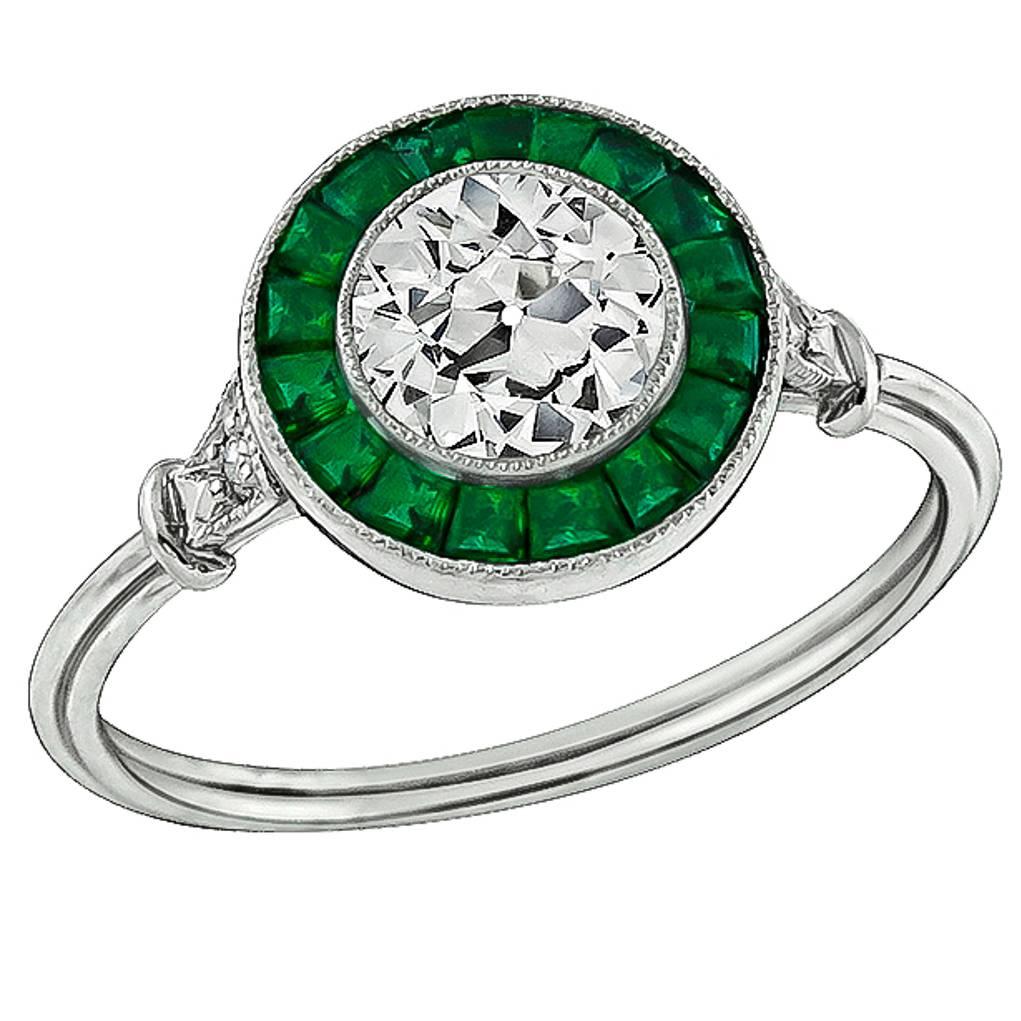 Amazing 0.82 Carat Old European Cut Diamond Emerald Platinum Halo Ring