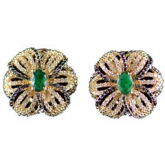 Emerald Black and White Diamond Gold Flower Earrings