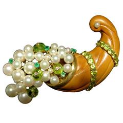 Seaman Schepps Rare Movable Pearl Peridot Emerald Diamond Cornucopia Brooch Pin