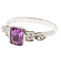 Natural Pink Sapphire Diamond Art Deco Platinum Engagement Ring