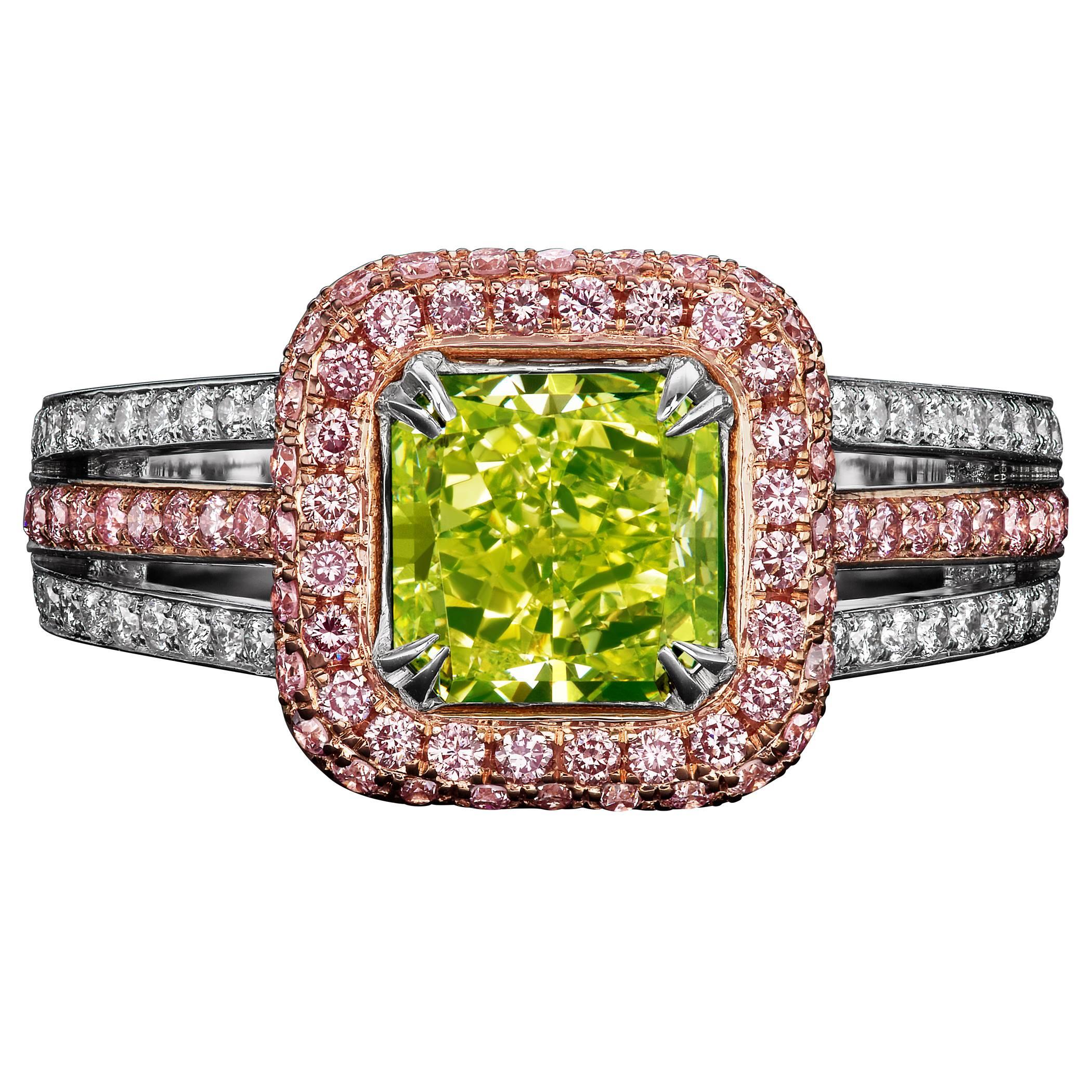 David Rosenberg 1.77 Carat Radiant Fancy Intense Yellow Green GIA Diamond Ring