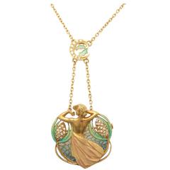 Masriera Plique-a-Jour Enamel Diamond Gold Pendant Brooch