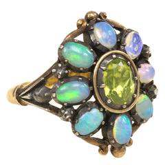 1940s Portuguese Opal Peridot Silver Gold Cluster Ring