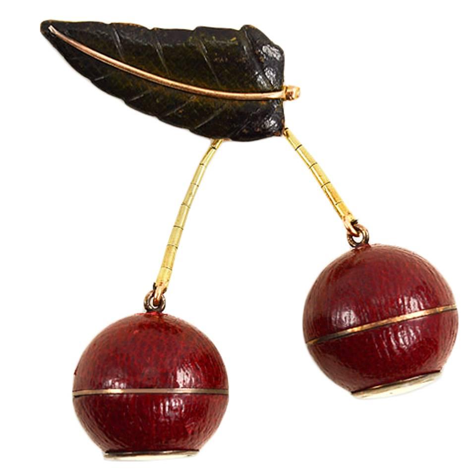 1930s French Gold and Leather Lapel Watch Brooch in the Form of Cherries