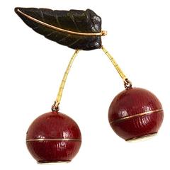 Vintage 1930s French Gold and Leather Lapel Watch Brooch in the Form of Cherries