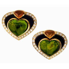 Marina B Coeur Gran Peridot Onyx Citrine Diamond Gold Ear Clips