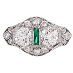 Edwardian Old Mine Cut Diamond Emerald Platinum Ring