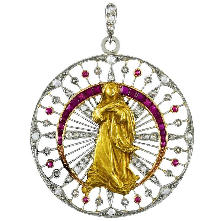 Exquisite Jeweled Gold Platinum Madonna Pendant For Sale at 1stdibs