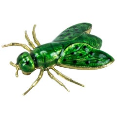 Green Enamel Gold Fly Brooch Pin Fine Estate Jewelry