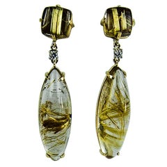 Superbes boucles d'oreilles en goutte en or avec quartz rutile et diamant de qualité héritage