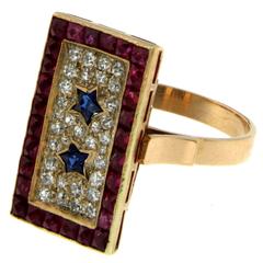 Antique 1920s Ruby Sapphire Diamond Gold Ring