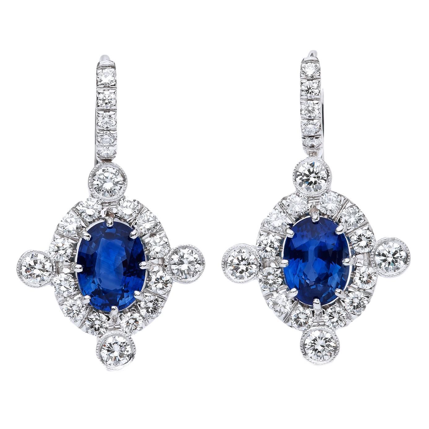 Oval 3.70 Carat Sapphires Diamond Gold Earrings