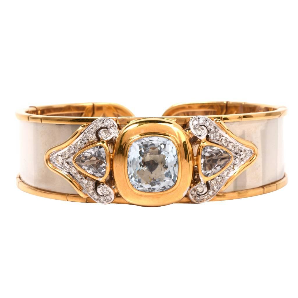 Chic  Aquamarine Diamond Gold Cuff Bracelet