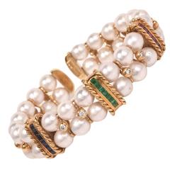 Akoya Pearl Multi-Gem Diamond Gold Cuff Bangle Bracelet 4
