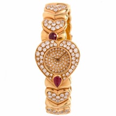 Ladies Yellow Gold Diamond Ruby Heart-Shaped Quartz Bracelet Wristwatch