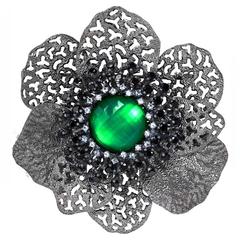 Green Agate White Quartz Black Spinel Textured Blackened Silver Brooch Pendant