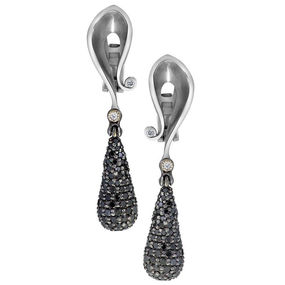 Black Diamonds White Gold Calla Drop Earrings Handmade in NYC Limited Edtion