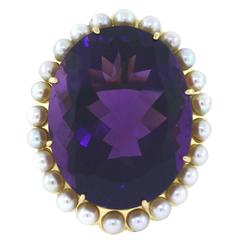 Vintage Huge 78.45 Carat Top Color Oval Amethyst Gold Ring with Pearl Halo