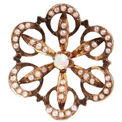 Antique Opal Seed Pearl Gold Flower Pendant 