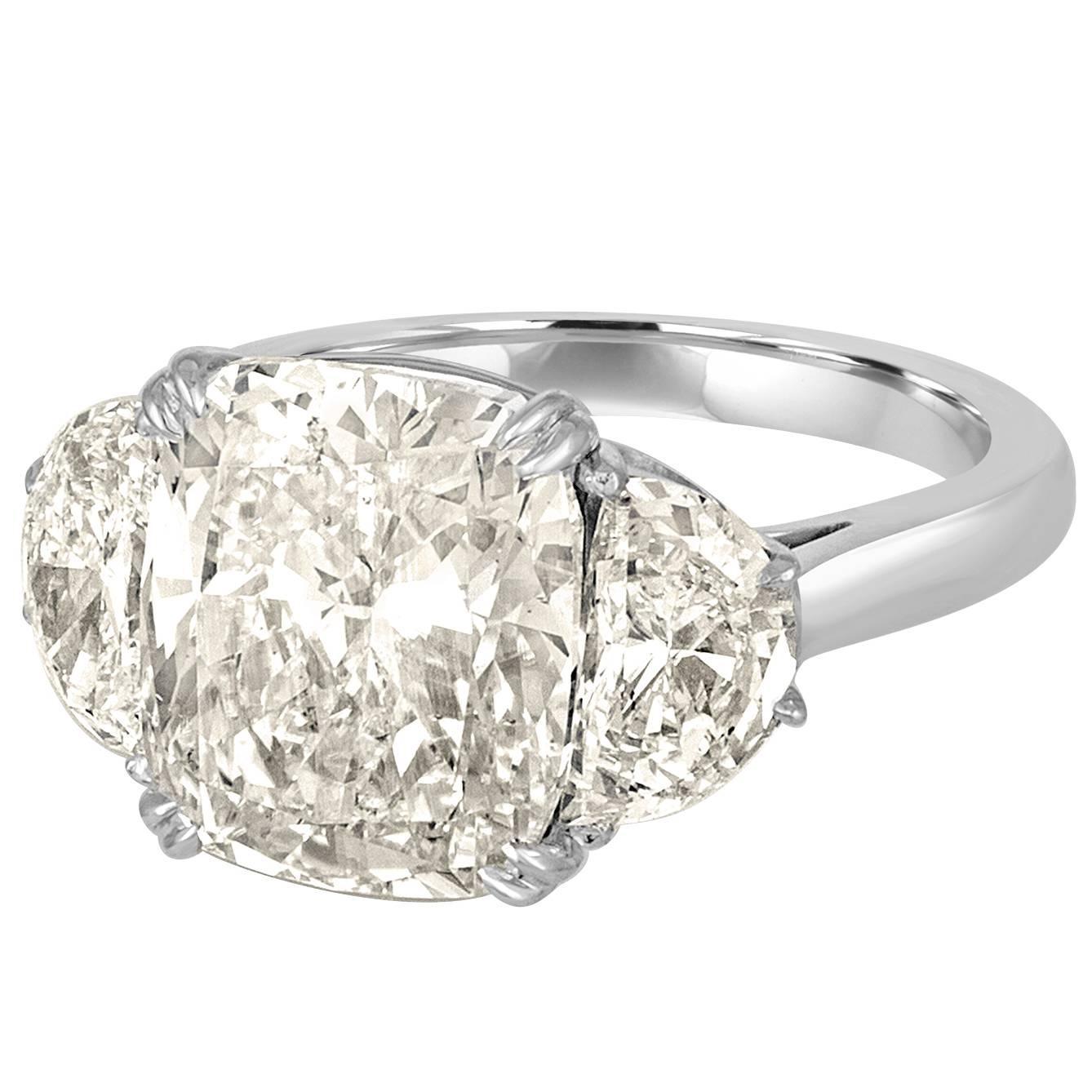 7.05 Carat Cushion Cut Diamond set with Half Moons in Platinum Ring
