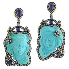 Gorgeous Lady Face Turquoise Pave Diamond Earrings