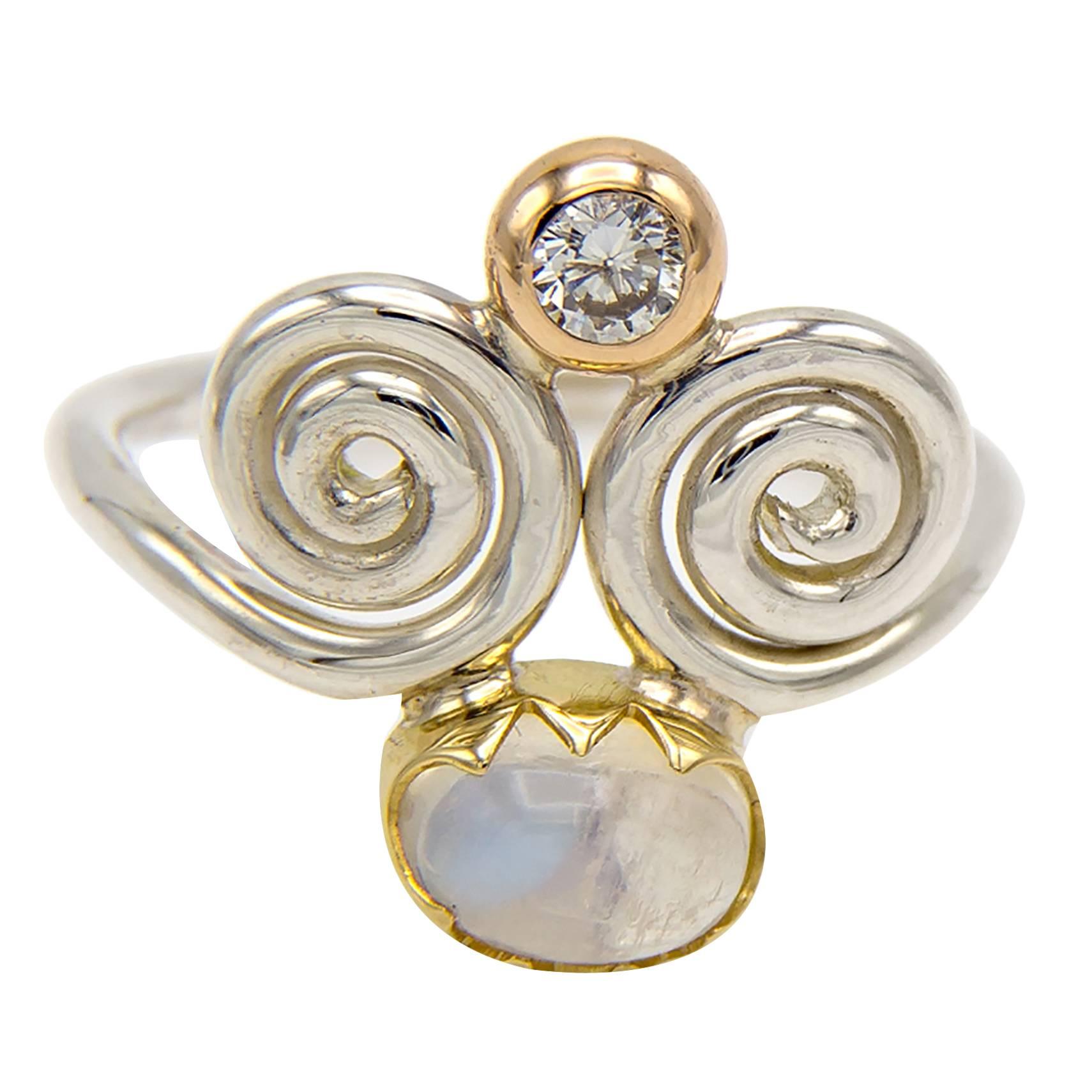 Spiral Swirl Two-Color Moonstone Diamond Sterling Silver Gold Ring
