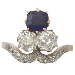 1.35Ct Sapphire and 2.06Ct Diamond, 18k Yellow Gold Dress Ring - Antique 12