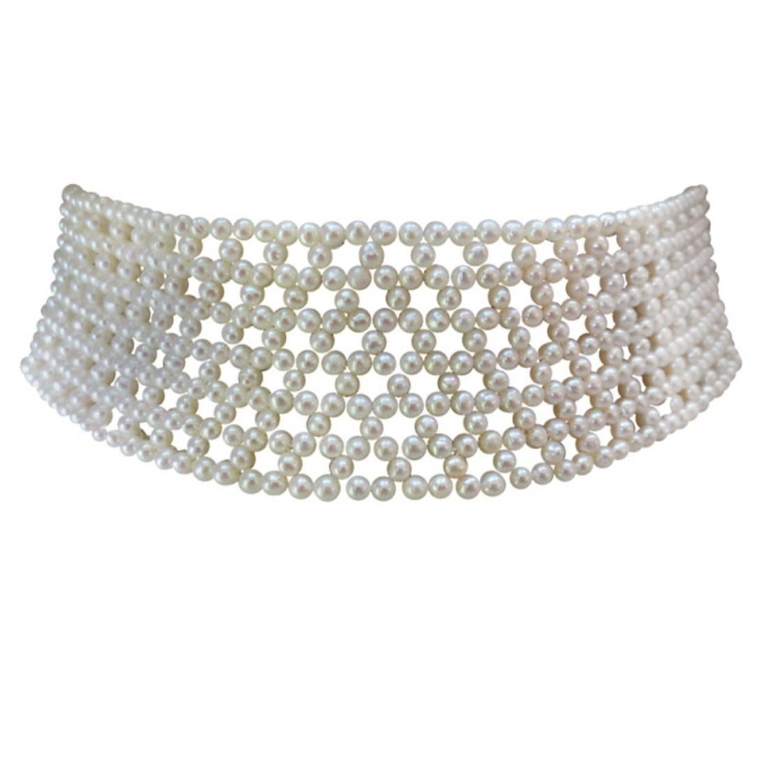 Marina J Wide Woven Bridal Pearl Choker with Silver rhodium plated Sliding clasp For Sale