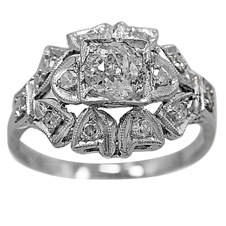 Art Deco .55 Carat Diamond Platinum Engagement Ring For Sale