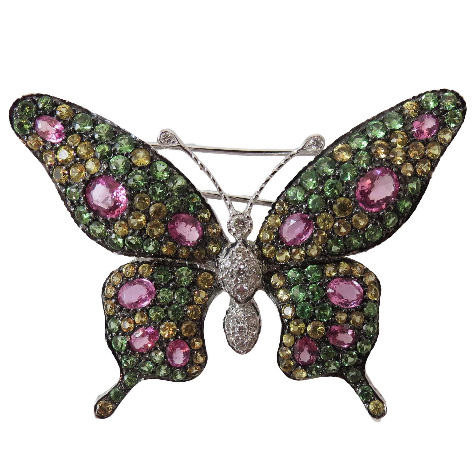 Multicolor Sapphire Tsavorite Diamond Gold Butterfly Pin