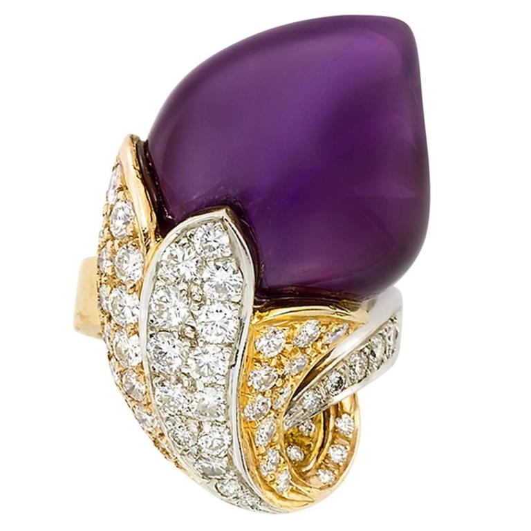 Amethyst Diamond Gold Flower Ring For Sale