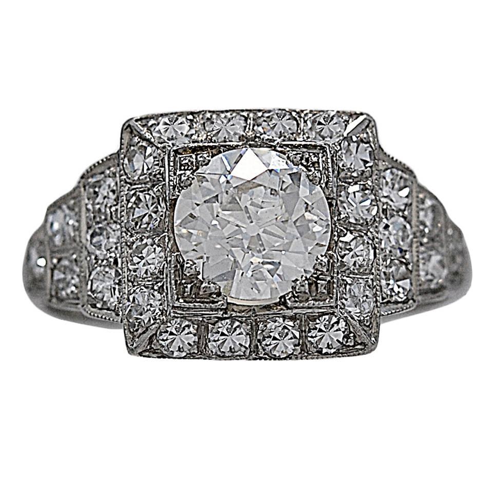 Art Deco .94 Carat Diamond Platinum Engagement Ring  For Sale