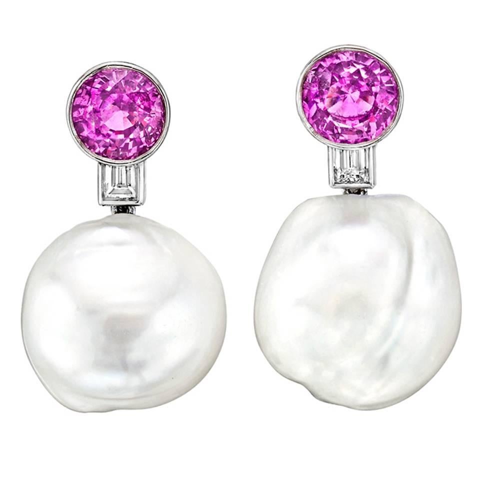 South Sea Pearl Pink Sapphire Diamond Platinum Drop Earrings
