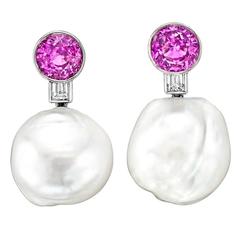 South Sea Pearl Pink Sapphire Diamond Platinum Drop Earrings