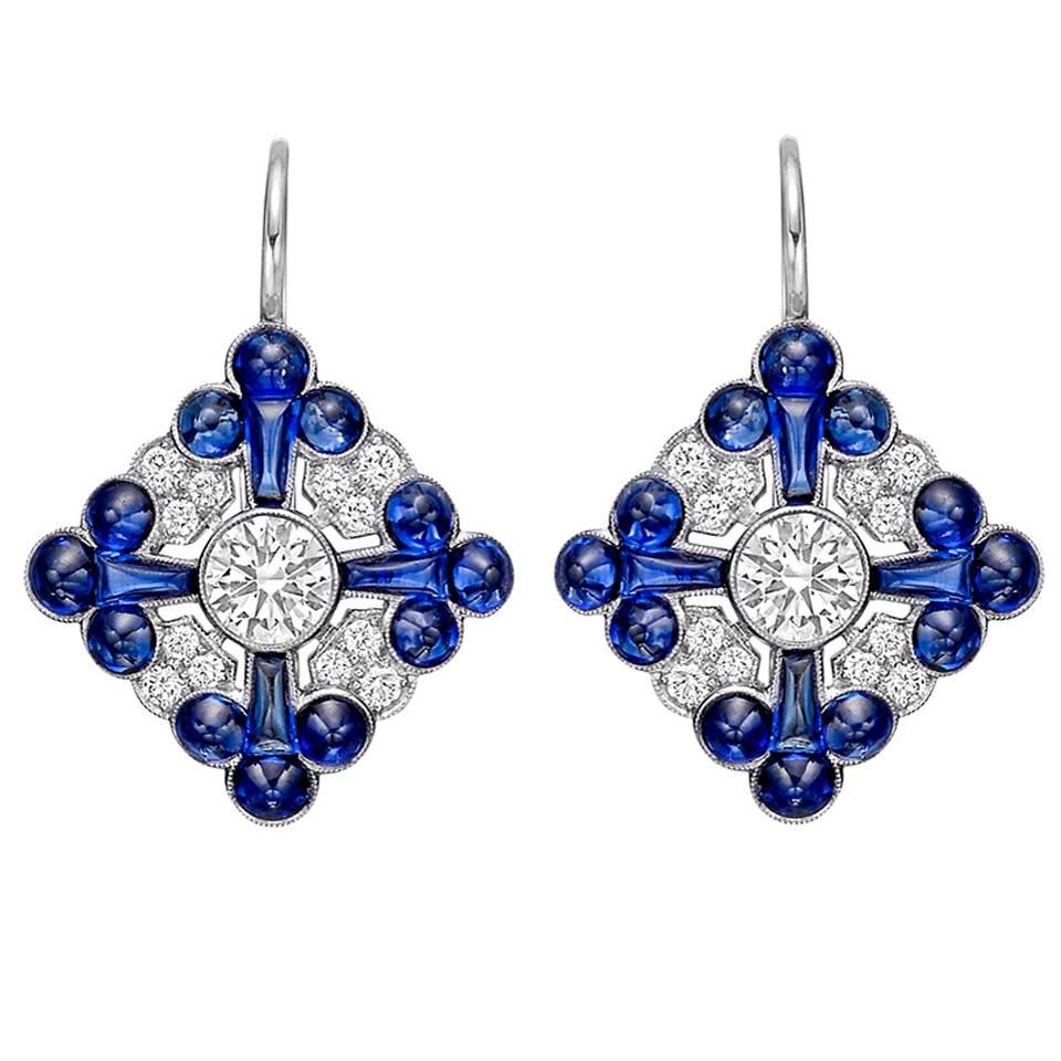 Sapphire Diamond Gold Foliate Cluster Drop Earrings